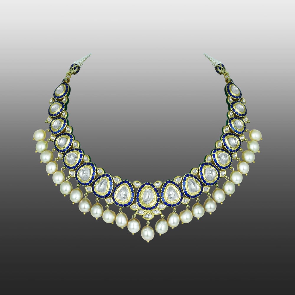 Blue Enamel Polki Necklace with Southsea Pearl Elegance